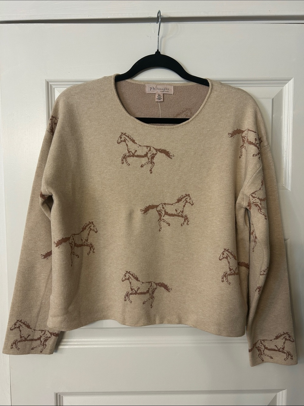 Philosophy Horse Print Crewneck Sweater in Beige Size Medium NWT
